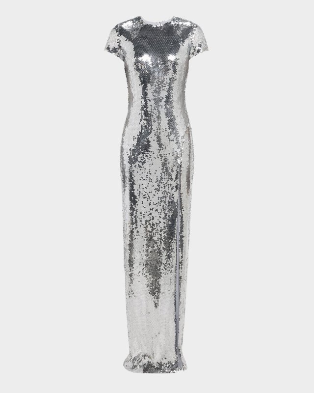 Sequined Short-Sleeve High Slit Gown